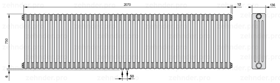 Схема (чертеж) Радиатор Zehnder Charleston 4075/45 №3470 Белый глянцевый RAL 9016
